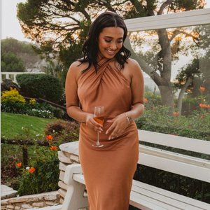 Jasmine Halter Midi Dress in Copper Luxe Satin